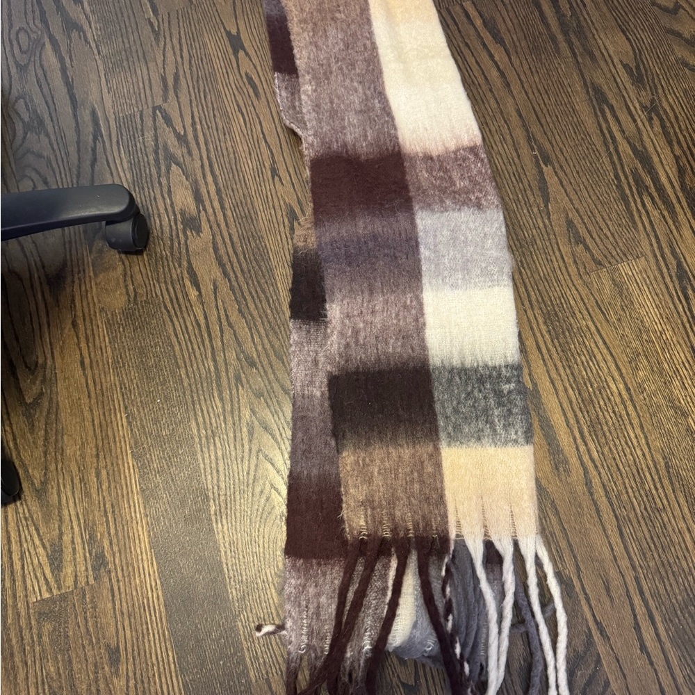 Plaid Fringe Scarf in Brown and Cream